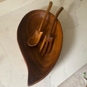 Vintage Monkey Pod Salad Bowl with Servers